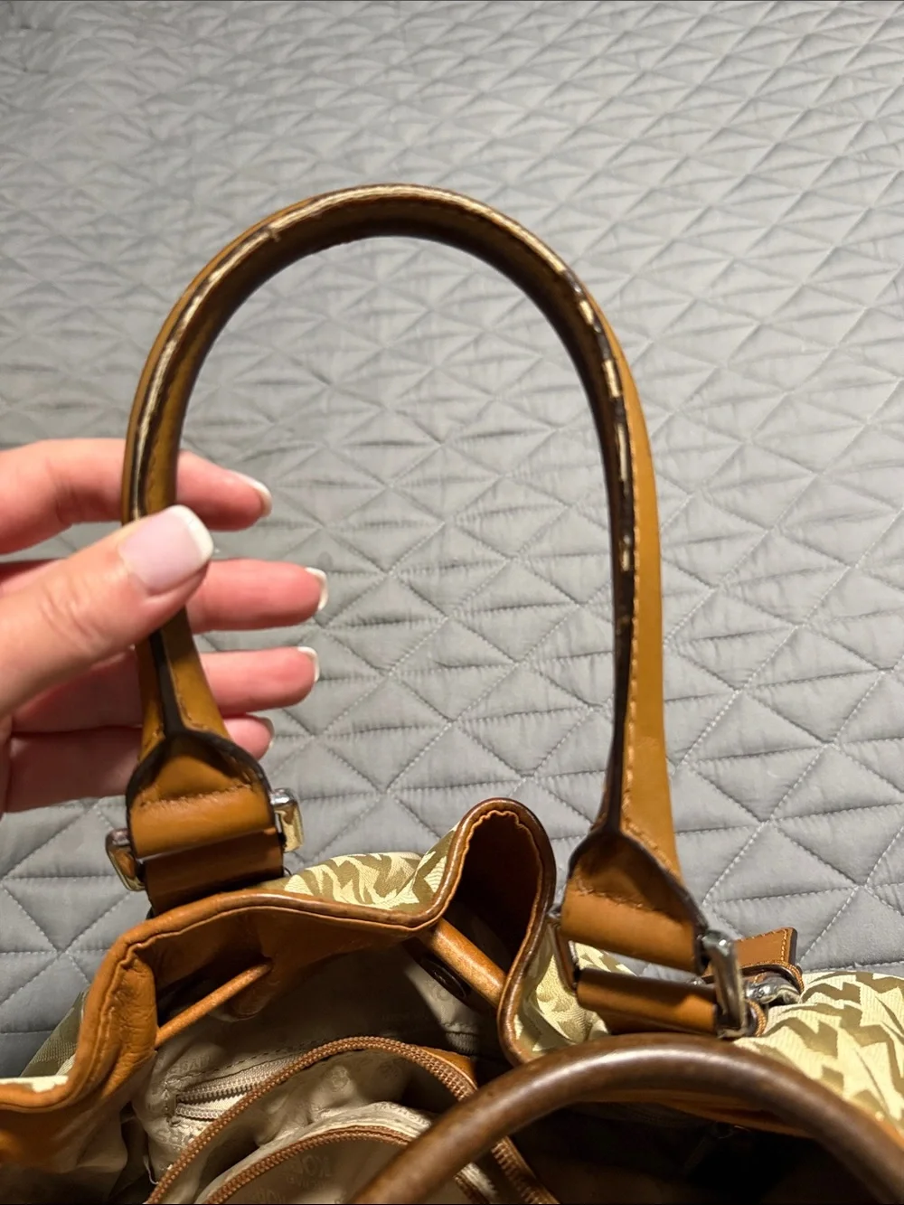 Michael Kors Cream & Tan Logo Satchel with MK Charm